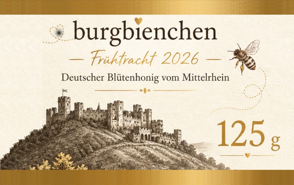 Etikett burgbienchen Frühtracht: Marke, Burg, Biene und 125 g.